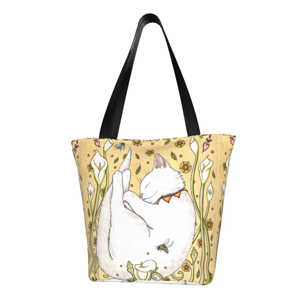 

Flowers Cat Shopper Bag Bees Cartoon Shopping Bags Woman Office Cloth Tote Bag Fashion Graphic Handbags Xmas Gift