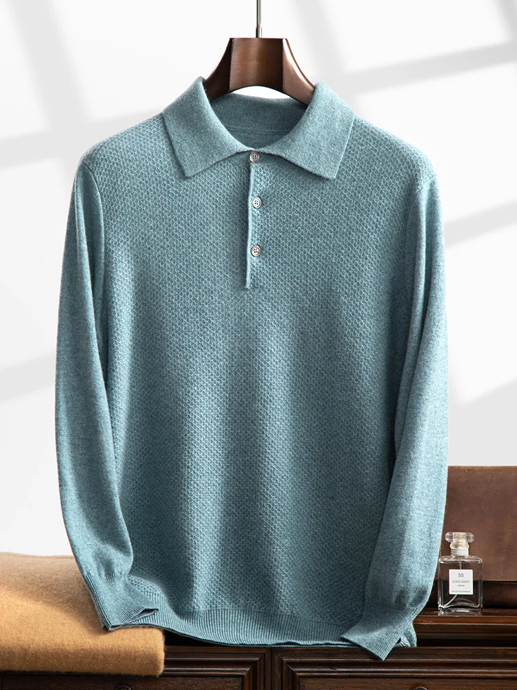 Autumn Winter Men 100% Cashmere Sweater Luxury Shirt Collor Pullover Casual Smart Jumpers Soft Cozy Knitwear Beehive Tops Cloth 2