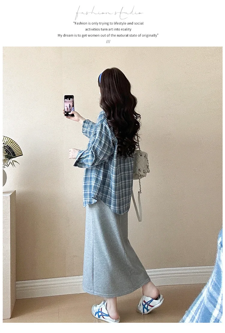 임부복 2026 여름 한국 스타일 심플 레터 프린트 반팔 티셔츠 체크 셔츠 코트 미디 스커트 3종 세트