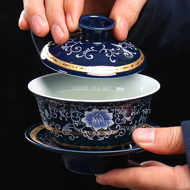 170ml Jingdezhen Blue and White Porcelain Covered Bowl Ceramic Cups High End Household Lid Bowl with Three Talents Tea Bowl