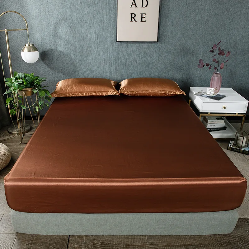 Description Picture 6 of itemSatin Rayon Fitted Sheet High-End Mattress Cover Solid Color Bedsheet Elastic Band Twin Full Queen King Bed Sheet