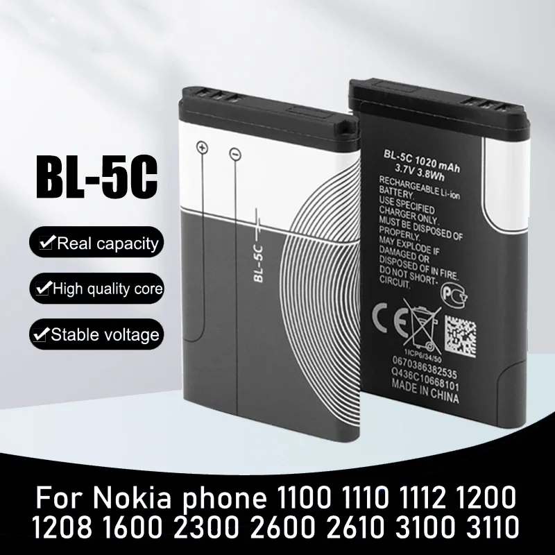 1/10 Pz 3.7V 1020Mah Bl-5C Bl5C Bl 5C Batterie Ricaricabili Per Nokia 2112 2118 2255 2270 2280 2300 2600 2610 3125 3230