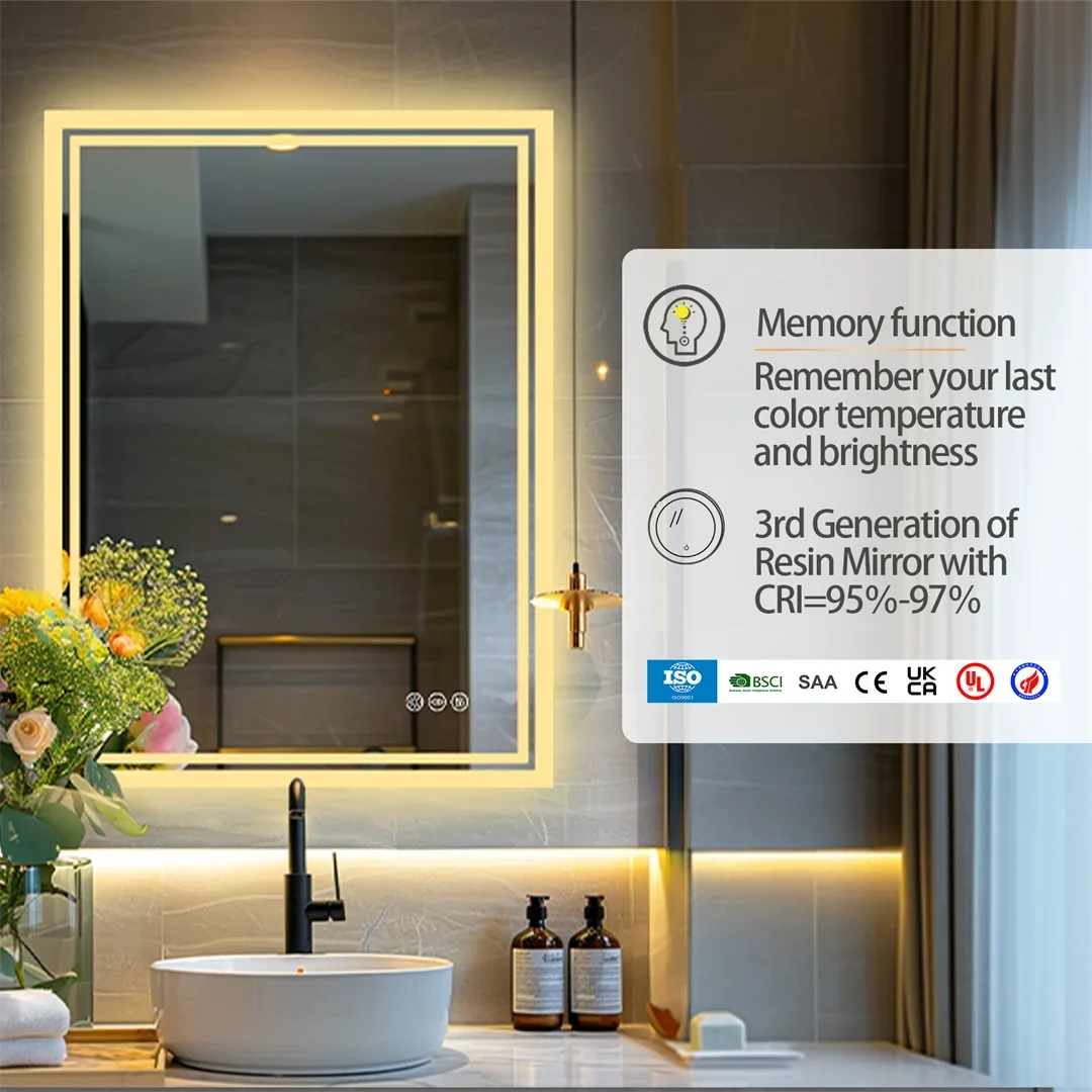 28x36 inch Illuminate Bathroom Mirror with Light Backlit Dimmable Defog Wall-mounted Bath Mirror