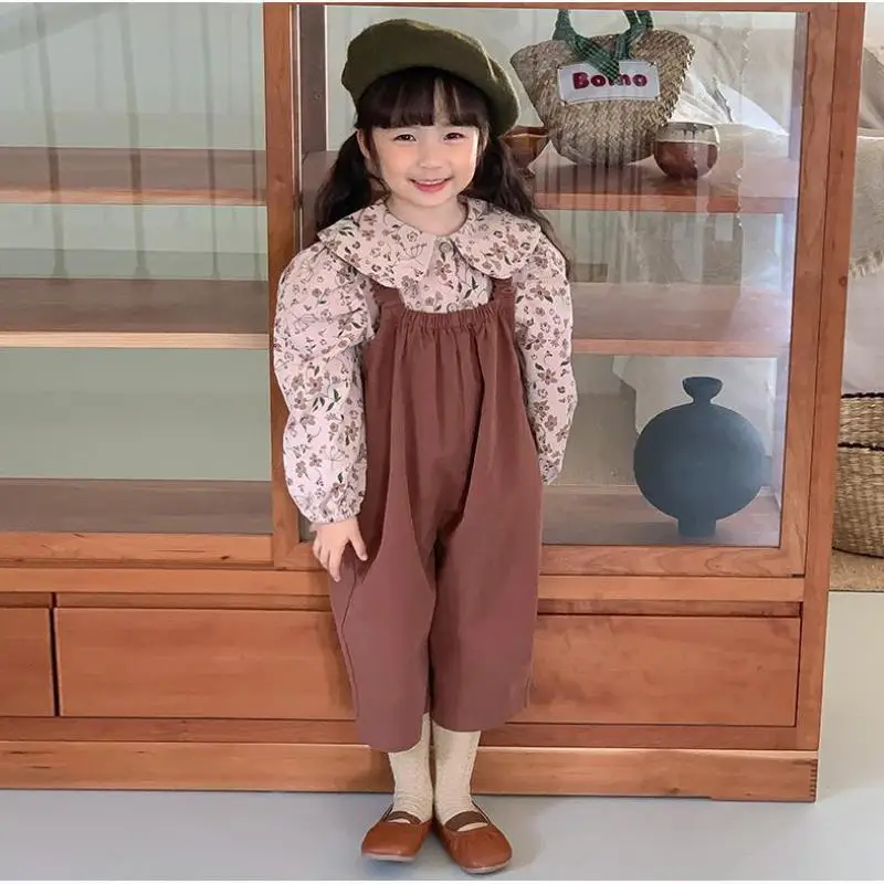 

2023 Autumn New Children Long Sleeve Lapel Shirts Baby Girls Floral Sanding Blouses Loose Cotton Doll Collar Tops Kids Clothes