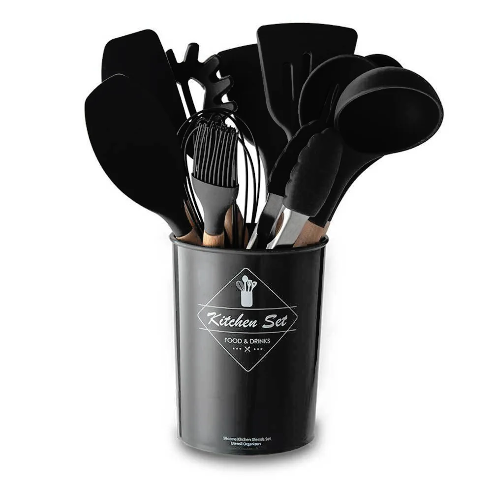 Black Silicone Cooking Utensils kitchen Accessories Set Tool Ladle Egg Beaters Shovel Cooking Non-stick Wooden Handle Spatula