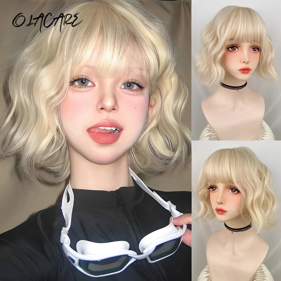 Blonde Curly Bob Synthetic Wig for Women Daily Party Cosplay