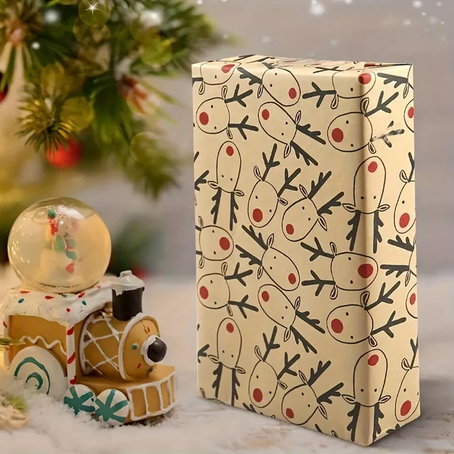 Vintage Reindeer Christmas Wrapping Paper Roll - Kraft Paper Gift Wrap, 16.9" x 118.1", Decorative Animal Pattern for Holiday 1