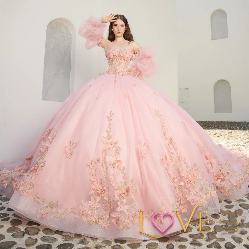 

Pink Off The Shoulder Ball Gown Quinceanera Dresses Bow Beads Crystal Tull Puff Sleeve Formal Corset Sweet 16 Vestido De 15 Anos