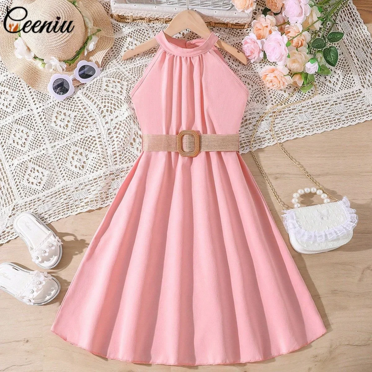 Ceeniu Girls' Sleeveless Halter Party Dress with Belt