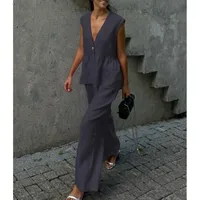 Ensemble gilet et pantalon Long sans manches en coton, haut Sexy à col en v, couleur unie, tempérament, ensemble deux pièces pour femmes 2