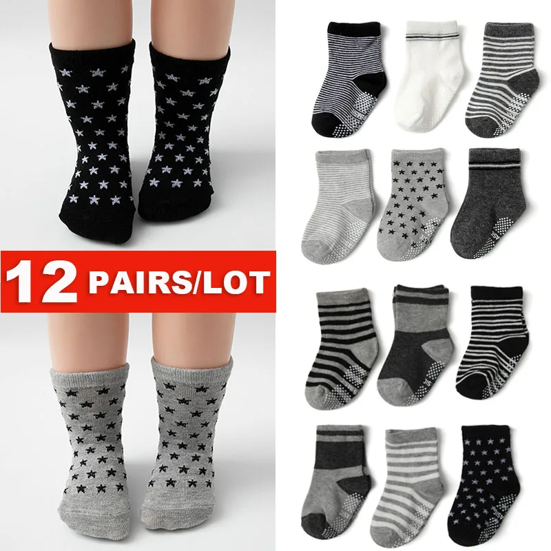 

12 PAIRS Baby Boys Toddlers Non Slip Socks Lot Kids Children Anti Skid Cotton Grip Floor Sock Set Spring Autumn