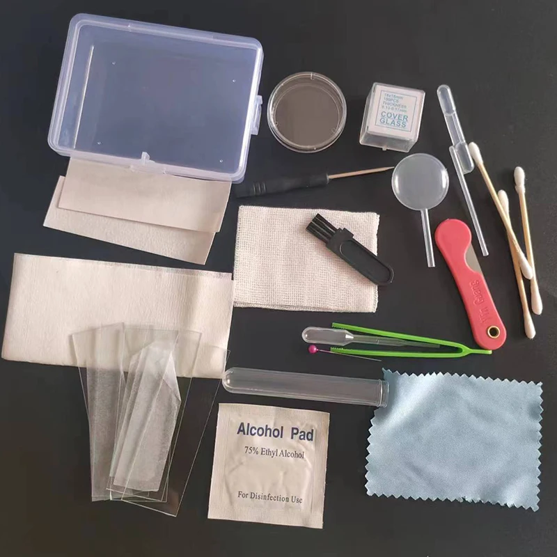 Microscope Accessories Kit Biology Science Experiment Sets Box Dropper Tweezers Cover Slides Screwdriver Straw Microscope Parts