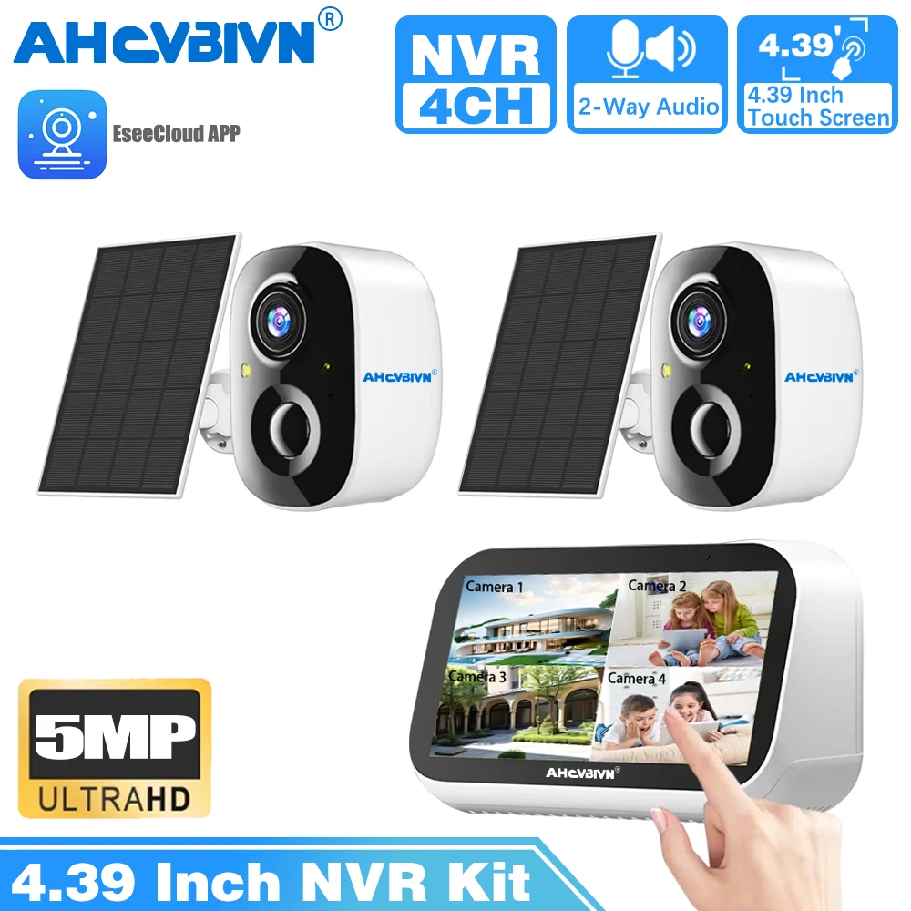 스마트 5MP 4.39인치 터치스크린 4채널 WIFI 미니 NVR 보안 태양광 배..