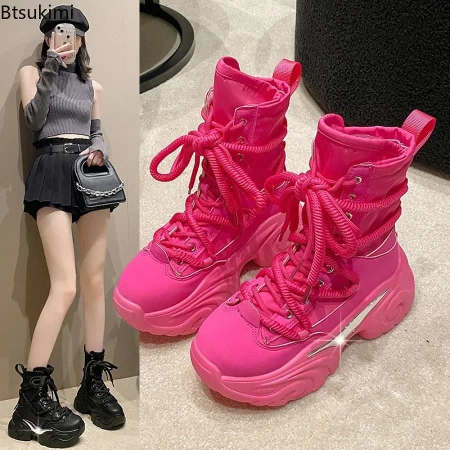 New 2024 Women's Chunky Platform Motorcycle Boots Women Solid Lace Up Thick Bottom Shoes Woman Autumn Winter Punk Ankle Booties