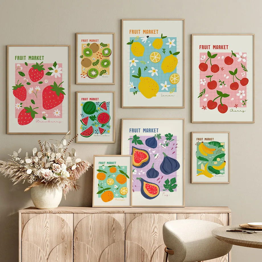 Fruit Market Strawberry Lemon Orange Banana Cherry Wall Art Nordic