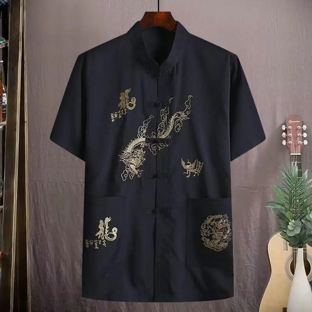 Chinese Style Shirt Men's Chinese Traditional Linen Tang Shirt with Hand Plate Buckle Design Comfortable Stylish for Oriental