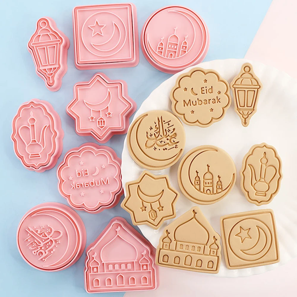 Eid Mubarak Cookie Cutters Ramadan Decoration Plastic Pressable Biscuit Mold Cookie Fondant Stamp Kitchen Baking Pastry Bakeware