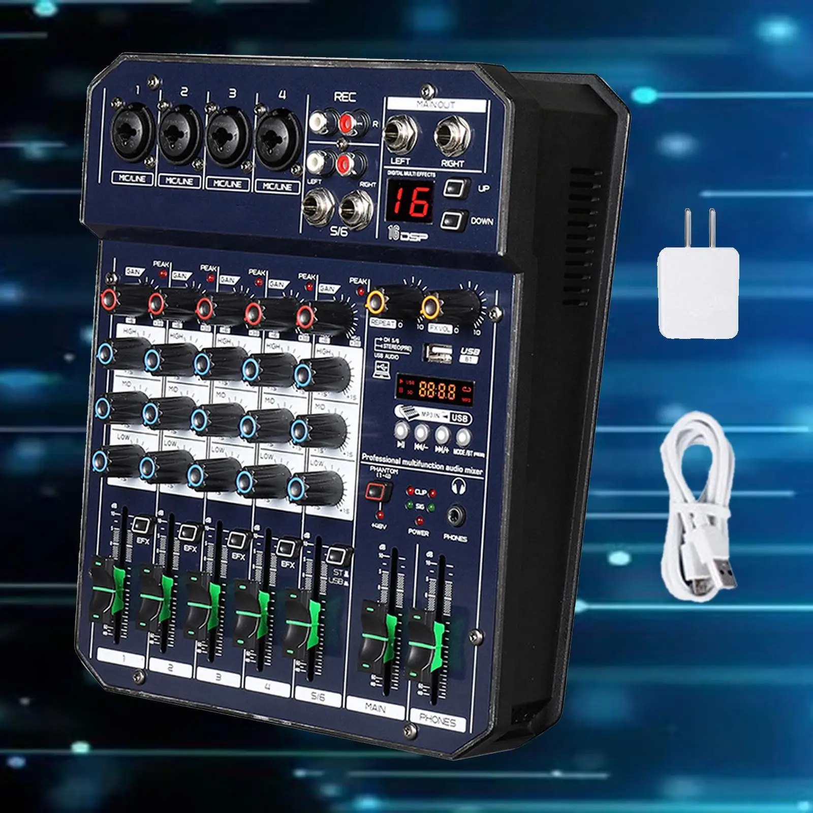 

6 Channel Audio Mixer Low Noise with 16 Sound Effects Sound Mixer Board for Live Broadcasts Karaoke