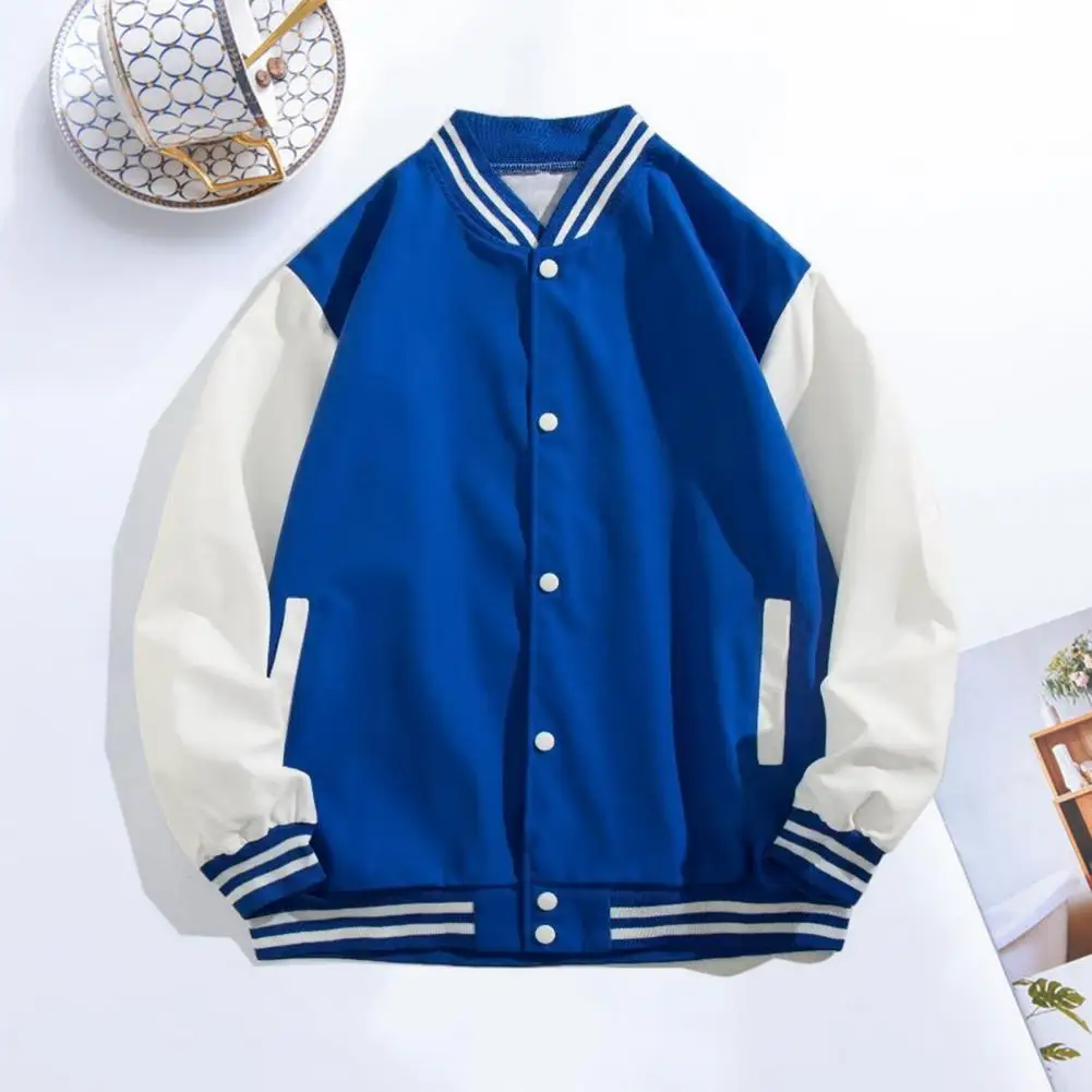 

Baseball Jacket Streetwear Style Men's Single-breasted Baseball Coat with Contrast Color Stand Collar Elastic Cuffs for Spring