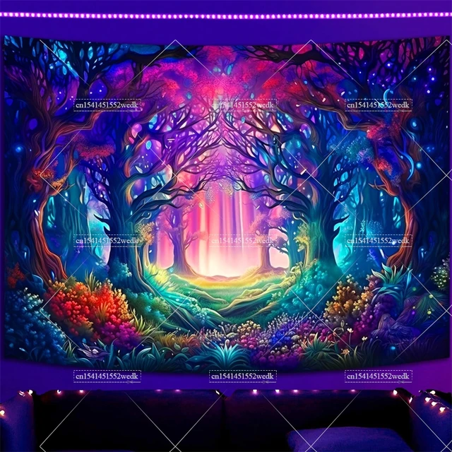 Tapisserie fantaisie forêt à lumière noire, arbre néon réactif aux UV, tapisserie à lumière noire qui brille dans la nuit, décoration murale, arrière-plan de fête 1