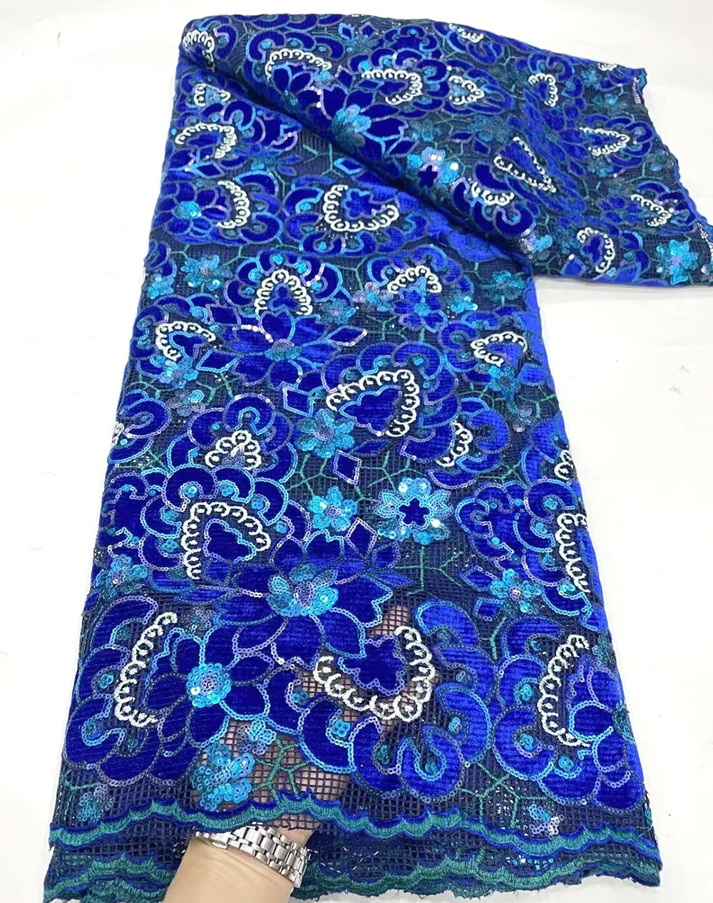 

African Blue Sequins Lace Fabric 2023 Exclusive Velvet Sequins Embroidery French Tulle Mesh Lace Fabric For Wedding Dress
