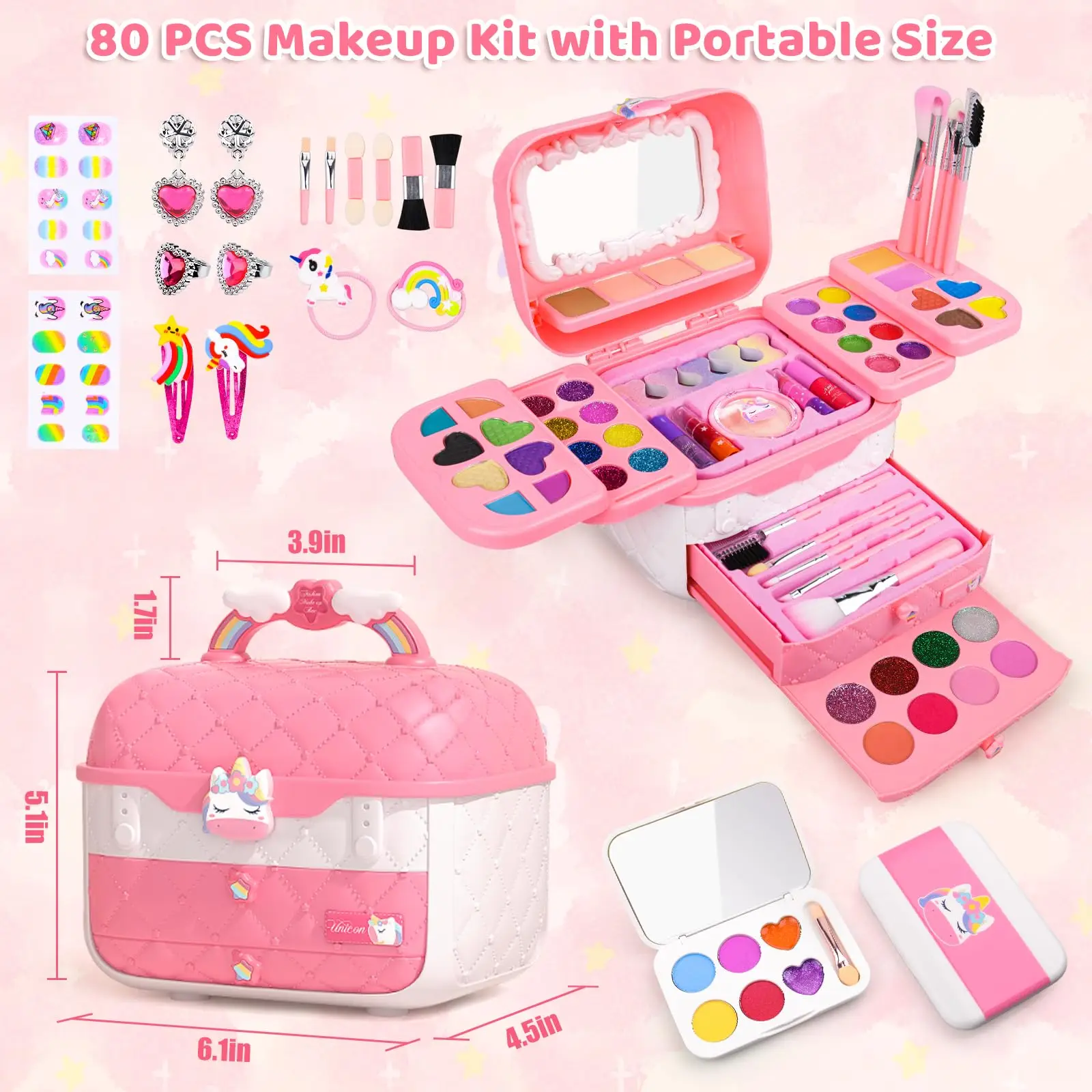 80 PCS Kids Makeup Kit for Girls 5 6 7 8 Years Old, Unicorn Girls Toy for Little Birthday, Princess Dolls Dress Up Toy