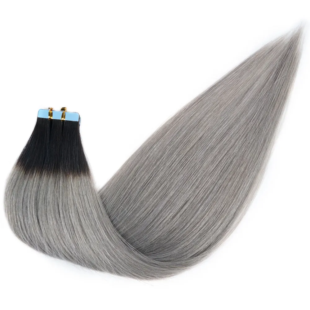 Doreen European Real Human Hair Tape In Extensions 16 to 24 50g 2.5g/pc Ombre Black Silver Grey Hair PU Seamless Tape ins