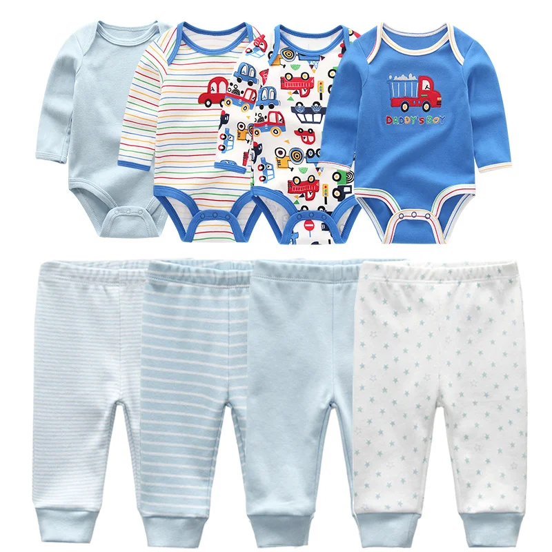 

4pcs Baby Bodysuits+4pcs Baby Pants Newborn Clothes Sets Winter Cotton Suits girls boys Custome Roupa de bebe Clothing