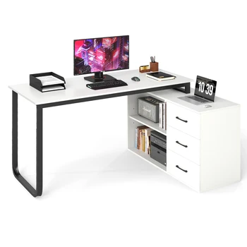 GOFLAME L Shaped Computer Desk Corner Executive Desk w/3 Drawers-White