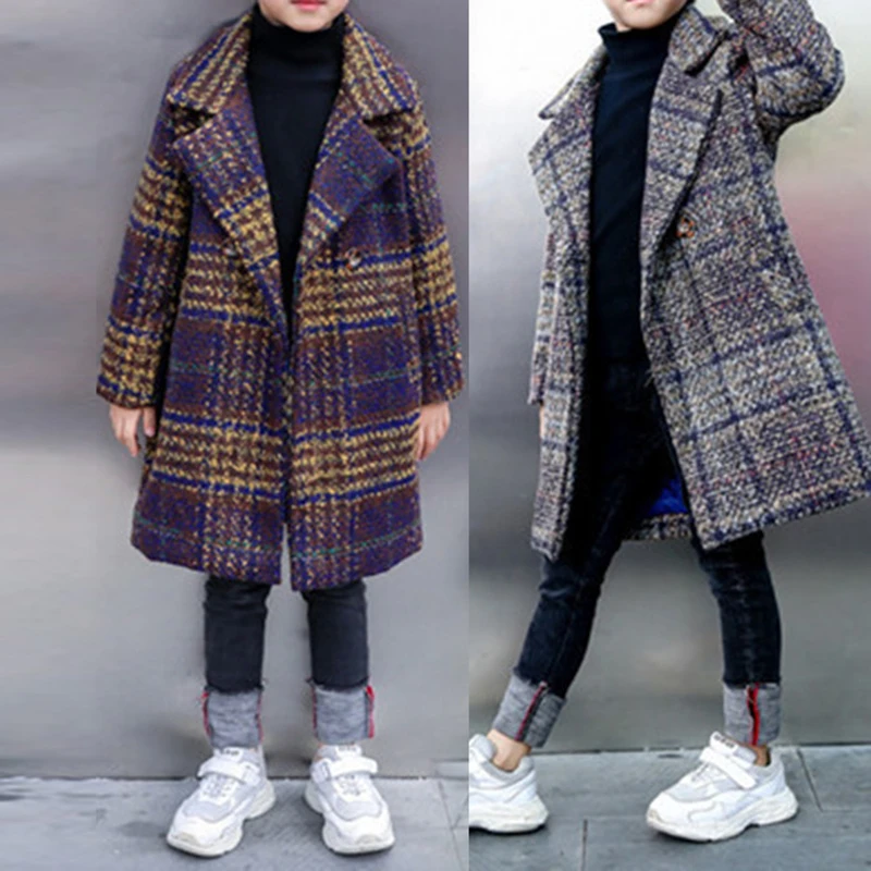 

Boys' plaid coat, medium length large children's clothing autumn and winter thickened top new double breasted
