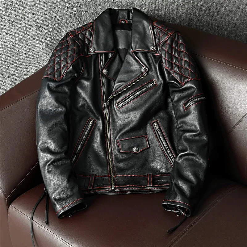 

YR!Free shipping.2024 Brand new cool motor biker leather jacket.rider slim natural cowhide coat.fashion rivet clothes