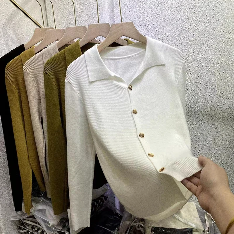 New Polo Collar Long-sleeved Sweater Button-up High-end Design Chic Knitted Cardigan Bottoming Top