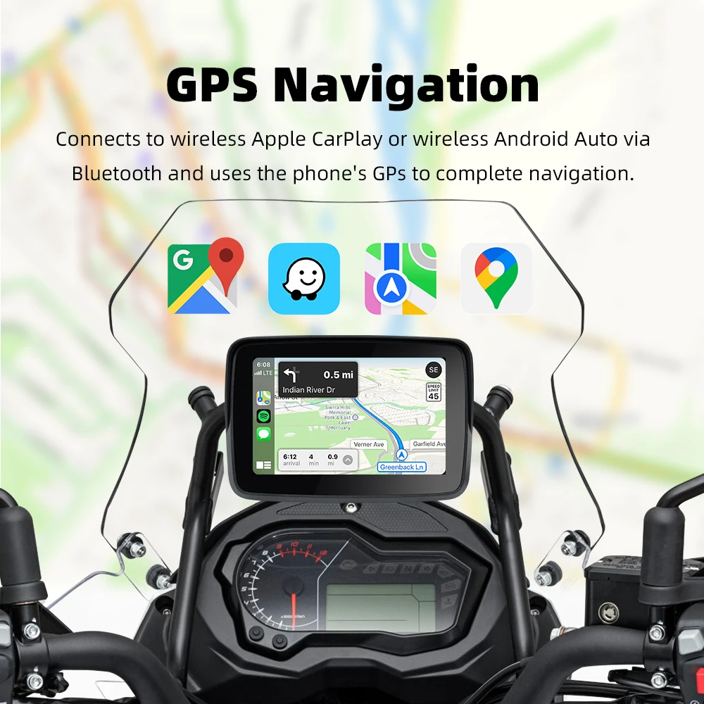2025 카플레이 안토 오토바이 5.0인치 차량용 GPS 네비게이션 IPX7 방수 무선 안드로이드 오토 모니터 GPS 네비게이터