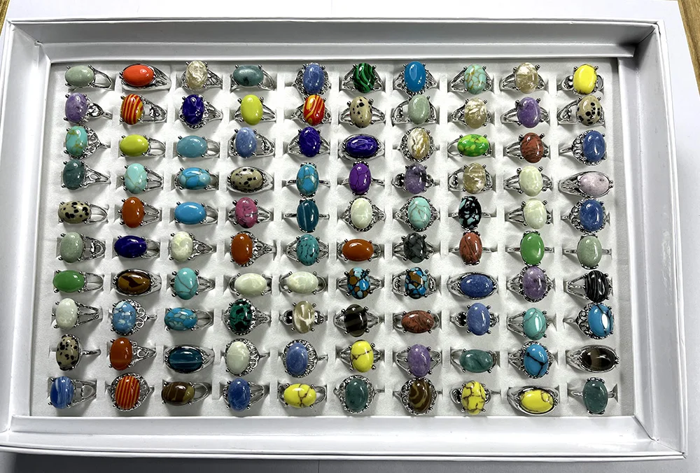 20Pcs Fashion Pretty Multicolor Mixed Color Natural Stone Silver Plated Ring For Women Jewelry Bulks Rings Lots LR4211 4