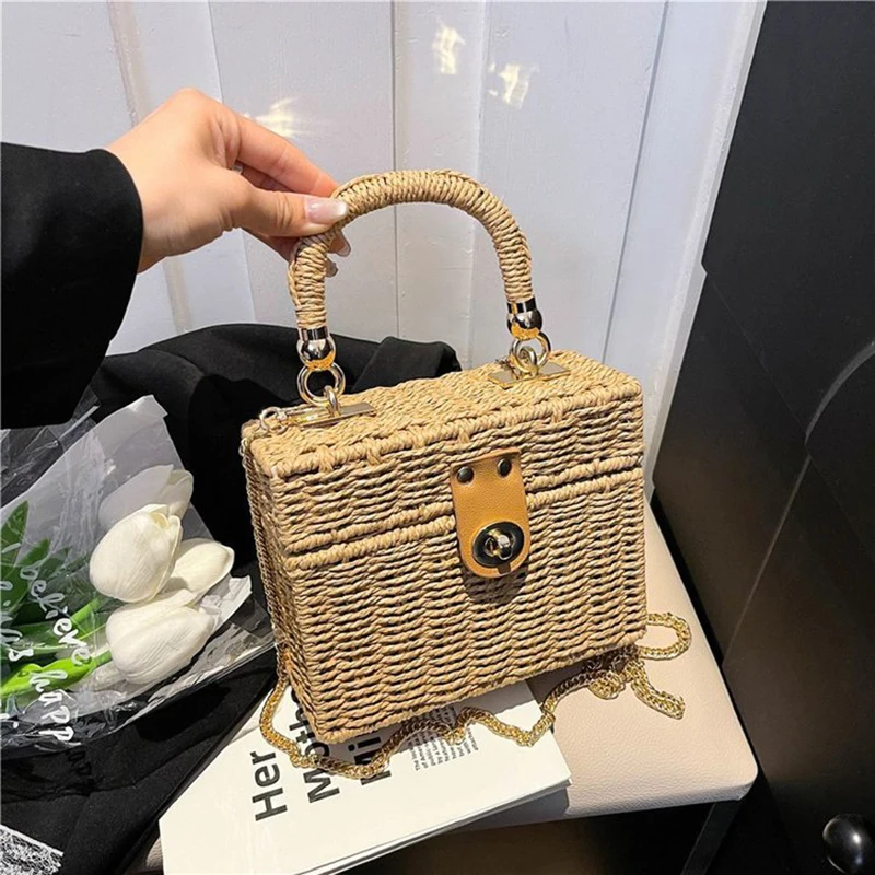 Handmade Summer Straw Bag Women Rattan Box Shoulder Travel Vacation Beach High Quality Square Purse Bolsa