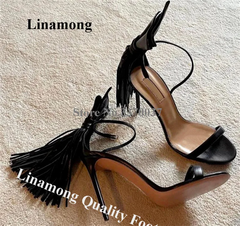 Back Knotted Tassels Sandals Linamong Women Charming Black Leather