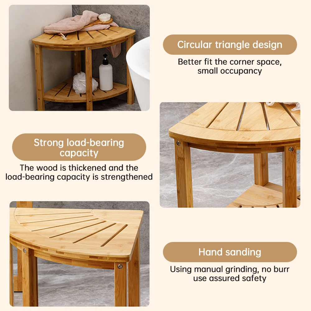 Corner Shower Stool with Storage Rack Anti-slip Natural Bamboo Shower Bench Multifunctional Shower Caddy Bathroom Organizer
