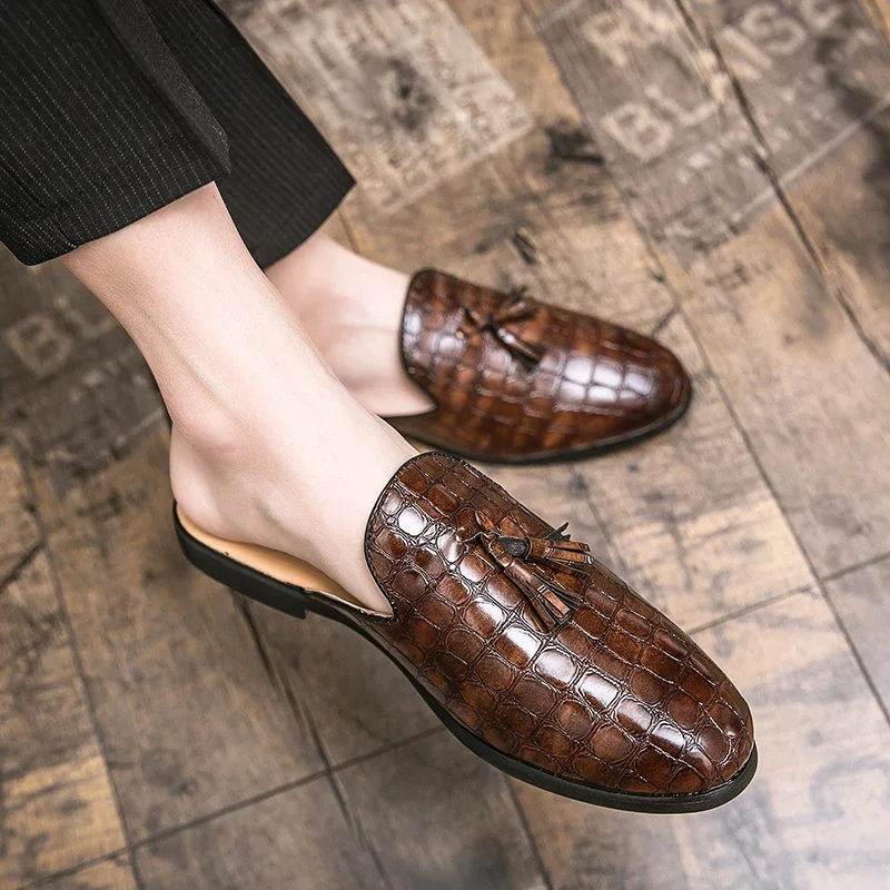 

Summer Men Half Loafers Fashion Tassel Breathable Slippers Man Outdoor Lightweight Mules Cool Half Shoes for Man Leather Sandals