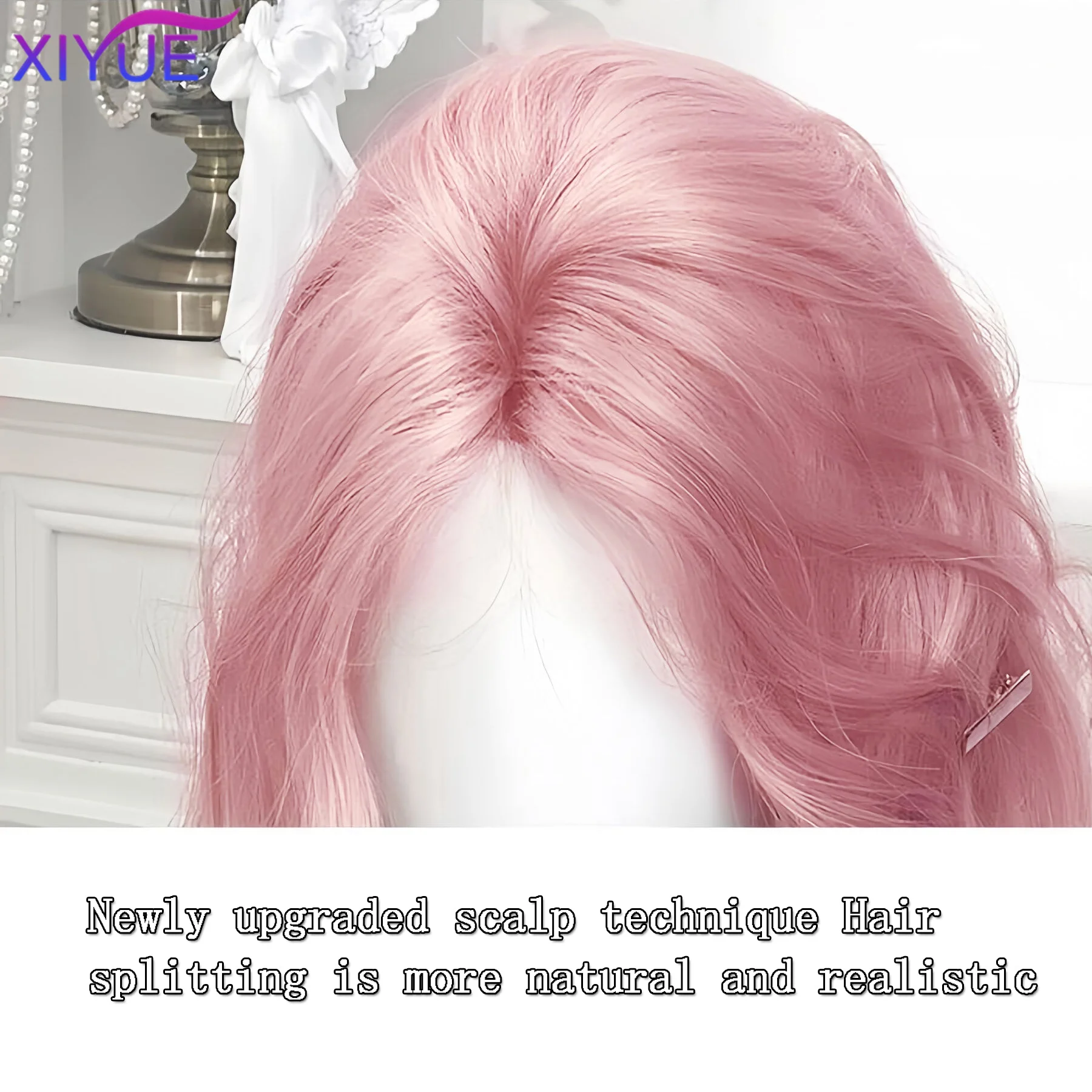 XIYUE  Light Pink Synthetic Hair Wigs Long Wavy Natural Hair Wigs with Bangs for Women Cosplay Lolita Wig Heat Resistant