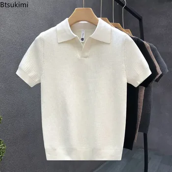 2026 Men's Summer Polo Shirt Korean Style Slim Wrinkle Resistant Collar Solid Color T-Shirts Casual Thin Sleeve Trendy Knit Tops 1