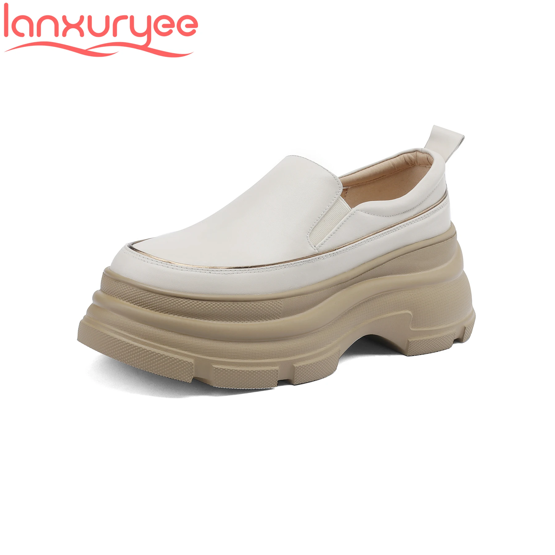 

Lanxuryee Cow Leather High Heel Round Toe Platform Spring Women Vulcanized Shoes Casual Solid Luxury Increasing Fashion Sneakers