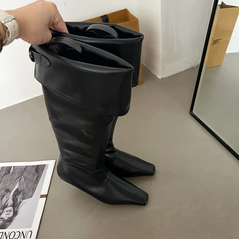 ZOOKERLIN Pointed Genuine Leather Mixed Color Women's Boots Flats Shoes Slim Elastic Boots Fashion Niche Design Long Tube Boots