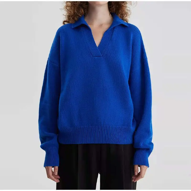 

Spring and Autumn New Women's Knitted Loose Casual Comfortable Elegant and Elegant Polo Collar Pullover Women's Green Sweater