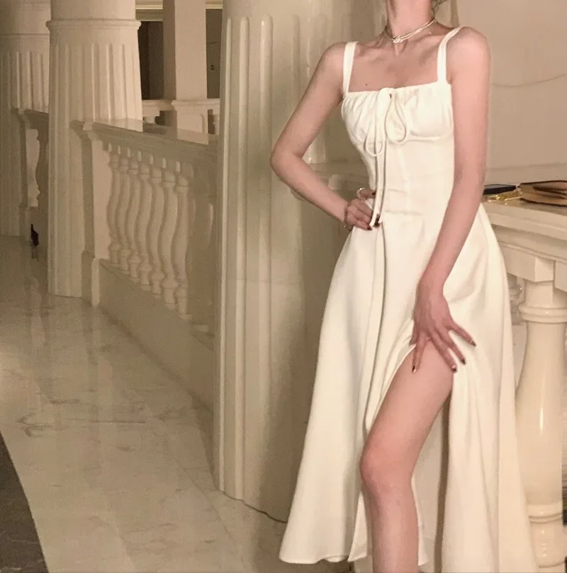 

French Elegant White Strap Midi Dress Summer New Casual Evening Party Dress Korean Y2k Women Beach Sleeveless Lace-up Dress