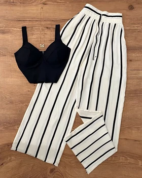 Women's Sexy Strapless Outerwear Bra Set with Vertical Stripes Elegant Pants Suit