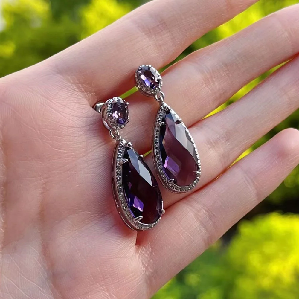 Huitan Pear Purple Cubic Zirconia Drop Earrings Charming Ear
