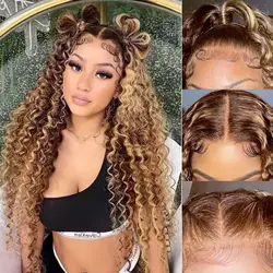 4/27 Highlight Lace Front Wigs Human Hair 13x6 HD Curly Ombre Colored Honey Blonde Water Wave 13x4 Deep Wave Frontal Wig Glueles
