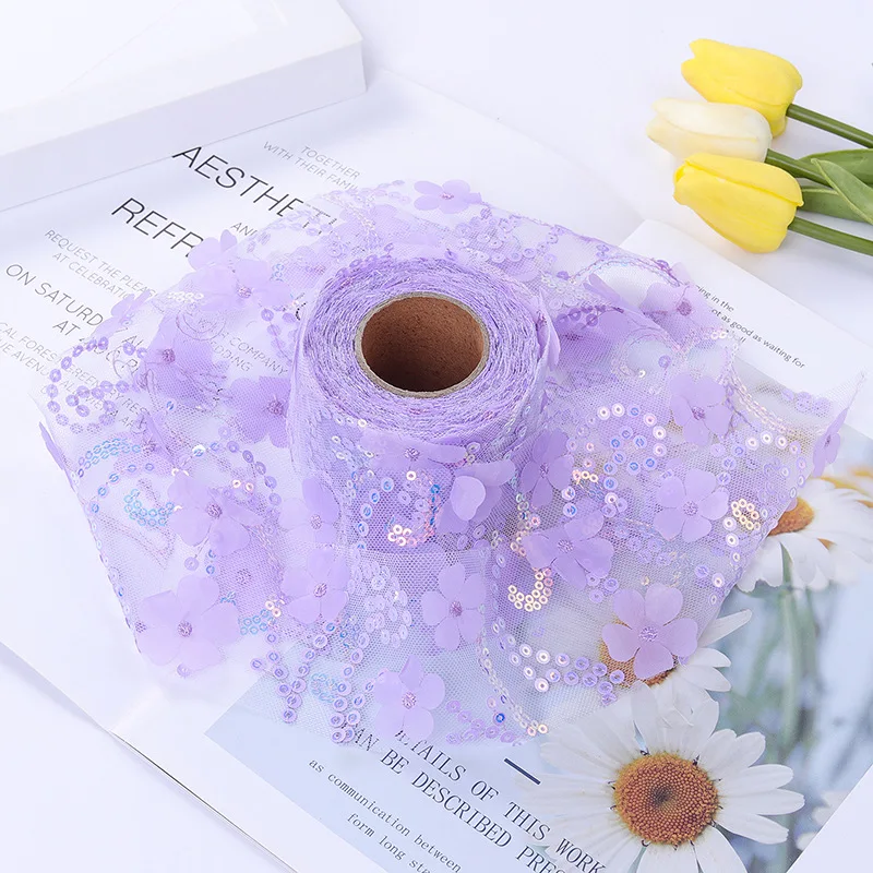 Sequins Decoration Trims Fabric Craft Supplies 10Yards/bag 3D Flower Glitter Tulle Roll Width 6cm Crystal Sequin Organza DIY Craft Tutu Skirt Gift Home Wedding Party Decor