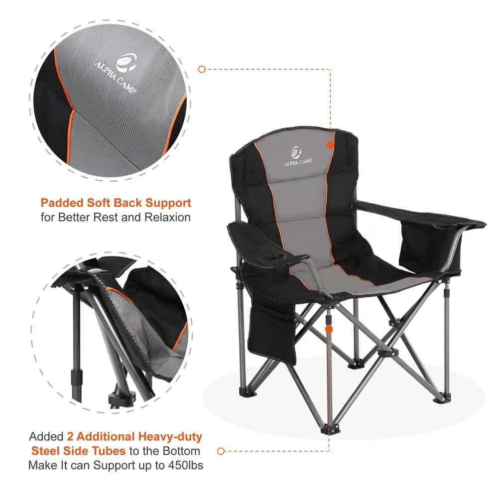 ALPHA CAMP Silla plegable de camping de gran tamaño con marco de acero  resistente, soporte de 350 libras, silla trasera lumbar cuádruple, portátil