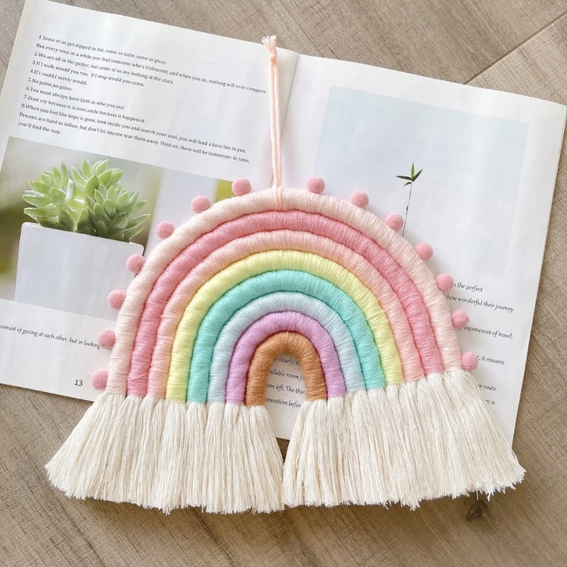 Rainbow Wall Hanging Ornaments 8 Lines Macrame Tapestries Woven Rainbow with Tassels for Nursery Room Home Decorations 2